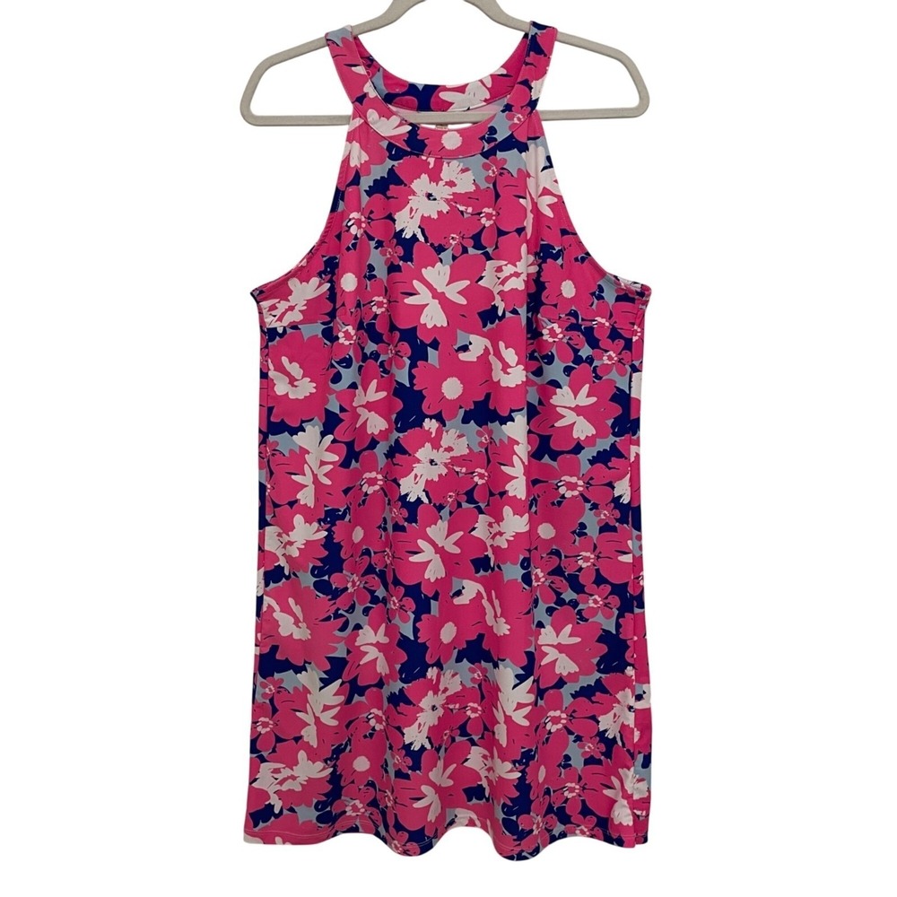 All For Color Dress Womens Large Pink Navy Floral Halter Sleeveless Mini Shift